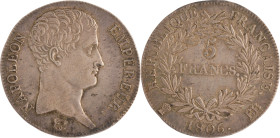 499. Napoléon Ier (1804-1815)
5 Francs 1806 Strasbourg.
Poids : 24,9 g
G : 581.
Superbe.