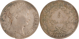 505. Napoléon Ier (1804-1815)
5 Francs 1809 Nantes (frappée à 2218 ex.).
Poids : 25 g
G : 584.
 TTB à Superbe. (Au revers, défaut de flan sur la tranc...