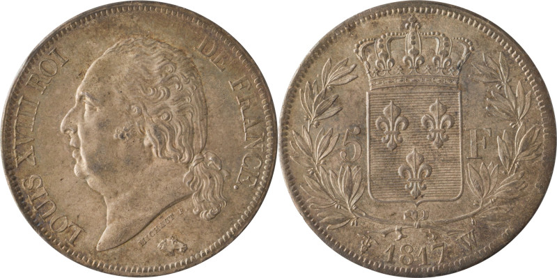 527. Louis XVIII (1814-1824)
5 Francs 1817 Paris.
Poids : 25 g
Superbe. Patin...