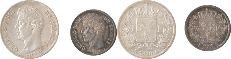 529. Charles X (1757-1836)
Ensemble de 2 monnaies :
- Demi Franc 1827 Paris.
Poi...