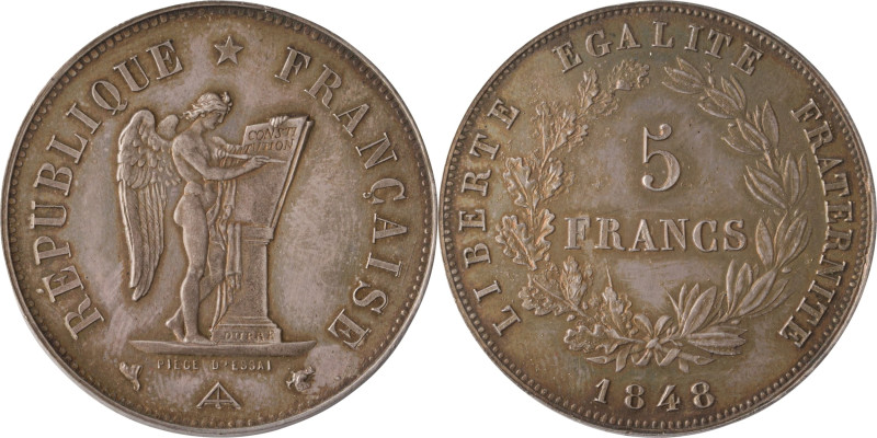 543. IIe République
 Épreuve de 5 Francs, 1848 en argent, par DUPRÉ, tranche lis...
