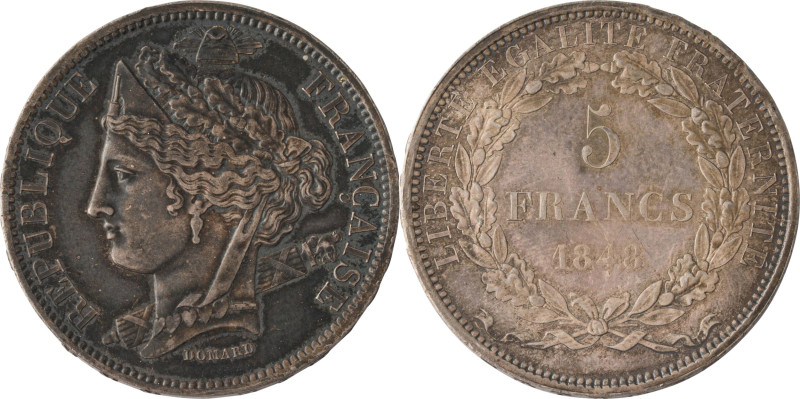 544. IIe République
 5 Francs, 1848 en argent, Concours de Domard, tranche en re...