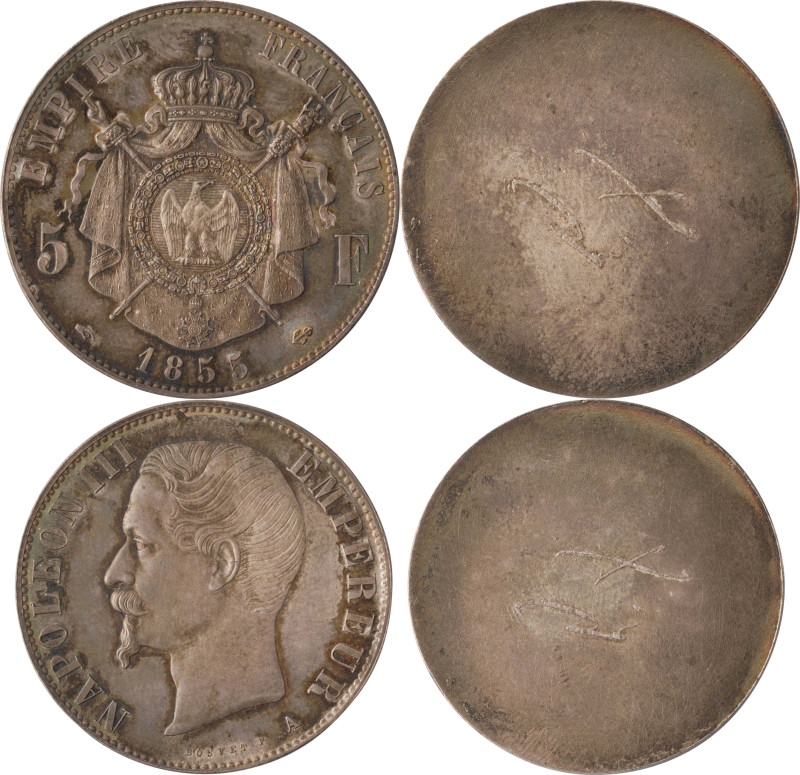 551. Napoléon III
 5 Francs, 1855 frappé sur deux flans en bronze argenté,
flans...