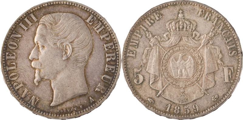 554. Napoléon III
 5 Francs, tête nue 1859 Paris en argent (3365 ex. frappés).
P...