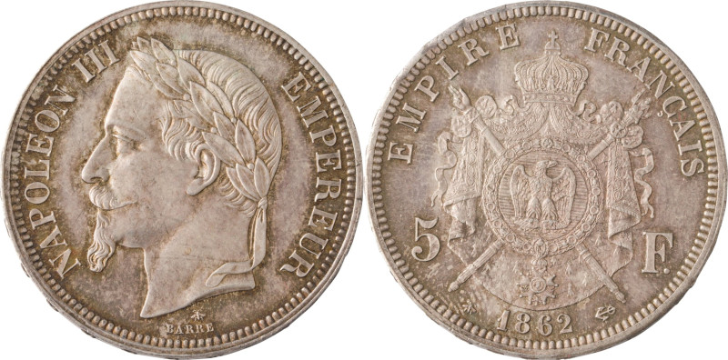 557. Napoléon III
 Essai de 5 Francs, 1862 sans lettre d’atelier. Flan bruni.
Po...