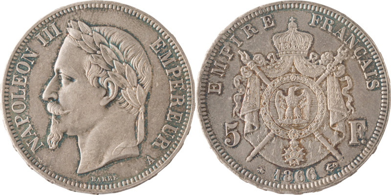 558. Napoléon III
5 Francs, 1866 Paris (37893 ex. frappés).
Poids : 25 g
G : 739...
