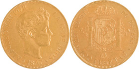 595. ESPAGNE, Alphonse XIII (1886-1931)
100 Pesetas 1897.
Poids : 32,25 g
Fr : 347.
TTB à Superbe.