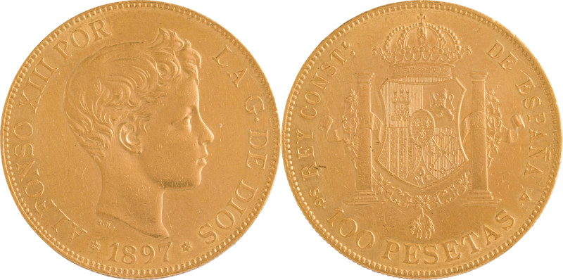 596. ESPAGNE, Alphonse XIII (1886-1931)
100 Pesetas 1897.
Poids : 32,25 g
Fr : 3...