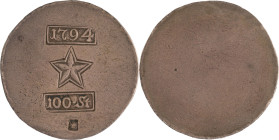 616. HOLLANDE MAASTRICHT
100 Stuivers, 1794.
Poids : 25,41 g
VG : 449. KM : 10.1.
TTB.
