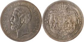 624. ROUMANIE, Carol Ier (1866-1914)
5 Lei, 1901 B.
Poids : 25 g
KM : 17.2.
Superbe fleur de coin.