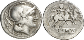 (después 211 a.C.). Anónima. Denario. (Bab. 1) (S. 1a) (Craw. 44/5). 3,66 g. MBC-.