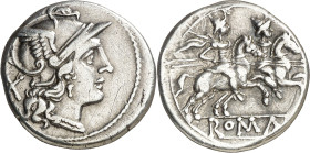 (después 211 a.C.). Anónima. Denario. (Bab. 2) (Craw. 53/2). Golpecitos en canto. Rayitas. 3,53 g. MBC+.