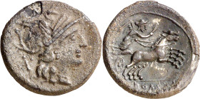 (hacia 157-156 a.C.). Anónima. Denario. (Bab. 6) (Craw. 197/1). Hojas saltadas en parte del canto. 3,43 g. MBC-/MBC.