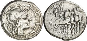 (hacia 130 a.C.). Gens Acilia. Denario. (Bab. 4) (Craw. 255/1). 3,76 g. MBC-/MBC.