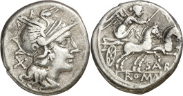 (hacia 155 a.C.). Gens Atilia. Denario. (Bab. 1) (Craw. 199/1a). 3,76 g. MBC+.