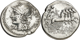 (hacia 137 a.C.). Gens Baebia. Denario. (Bab. 12) (Craw. 236/1a). Rayitas en anverso. 3,79 g. MBC.