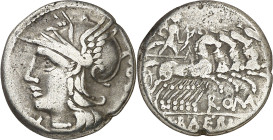 (hacia 137 a.C.). Gens Baebia. Denario. (Bab. 12) (Craw. 236/1c). 3,77 g. MBC-.
