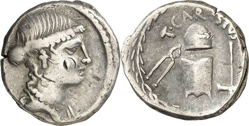 (hacia 46 a.C.). Gens Carisia. Denario. (Bab. 1) (S. 1b) (Craw. 464/2). Contrama...