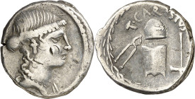 (hacia 46 a.C.). Gens Carisia. Denario. (Bab. 1) (S. 1b) (Craw. 464/2). Contramarca en anverso. 3,78 g. MBC-/MBC.