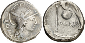 (hacia 46 a.C.). Gens Carisia. Denario. (Bab. 4) (Craw. 464/3a). Contramarca en anverso. 3,91 g. MBC-.