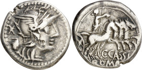 (hacia 126 a.C.). Gens Cassia. Denario. (Bab. 1) (Craw. 266/1). Hoja en anverso. 3,83 g. MBC-/MBC.
