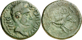 Octavio Augusto. Ilerda (Lleida). As. (FAB. 1487) (ACIP. 3199a). Pátina verde. Ex Calicó 19/06/1979, nº 889. Ex Colección Villoldo. 8,43 g. MBC-.