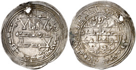 Emirato. AH 254. Mohamad I. Al Andalus. Dirhem. (V. 268). Adorno que falta en Frochoso. Perforación de época. 2,67 g. MBC+.
