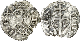Pere I (1196-1213). Zaragoza. Dinero jaqués. (Cru.V.S. 302) (Cru.C.G. 2116). Defectos de cospel. 0,71 g. (MBC).