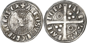 Alfons II (1285-1291). Barcelona. Croat. (Cru.V.S. 331) (Cru.C.G. 2148). Dos y cinco anillos en el vestido. A y U latinas. Ex Áureo 27/10/2005, nº 181...