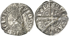 Alfons II (1285-1291). Barcelona. Mig croat. (Cru.V.S. 332) (Cru.C.G. 2149). Dos y cuatro anillos en el vestido. Doblez reparada. Ex Áureo & Calicó 30...