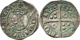 Jaume II (1291-1327). Barcelona. Diner. (Cru.V.S. 348.1) (Cru.C.G. 2162a). A y U latinas. Busto pequeño. Pátina irregular. 1 g. MBC+.