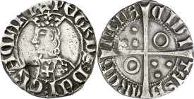 Pere III (1336-1387). Barcelona. Croat. (Cru.V.S. 407.1 var. busto) (Badia 345) (Cru.C.G. 2224a var. busto). Flores de seis pétalos y cruz en el vesti...