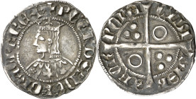 Pere III (1336-1387). Barcelona. Croat. (Cru.V.S. 408.1) (Cru.C.G. 2223l). Flores de cinco pétalos y cruz en el vestido. Letras góticas. 3,11 g. MBC....