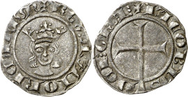 Jaume II de Mallorca (1276-1285 / 1298-1311). Mallorca. Diner. (Cru.V.S. 544) (Cru.C.G. 2509). A, M y U góticas. Cospel irregular. 0,60 g. (MBC+).