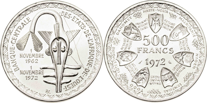 Estados del África del Oeste. 1972. 500 francos. (KM. 7). 10º Aniversario de la ...