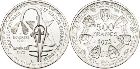 Estados del África del Oeste. 1972. 500 francos. (KM. 7). 10º Aniversario de la Unión monetaria. AG. 25,06 g. S/C.