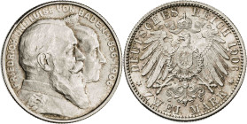 Alemania. Baden. 1906. Federico I. 2 marcos. (KM. 276). Bodas de Oro. AG. 11,08 g. EBC+.