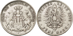 Alemania. Hamburgo. 1876. J (Hamburgo). 5 marcos. (KM. 598). Golpecitos. AG. 27,47 g. MBC-.
