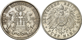 Alemania. Hamburgo. 1898. J (Hamburgo). 5 marcos. (KM. 610). AG. 27,63 g. MBC-.
