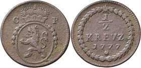Alemania. Palatinado. 1777. Carlos Teodoro. Mannheim. 1/2 kreuzer. (KM. falta). CU. 4,19 g. BC+.
