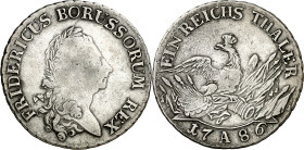 Alemania. Prusia. 1786. Federico II. A (Berlín). 1 taler. (KM. 332.1). Escasa. AG. 21,73 g. BC+/MBC-.