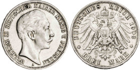 Alemania. Prusia. 1908. Guillermo II. A (Berlín). 3 marcos. (KM. 527). AG. 16,61 g. MBC.