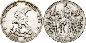 Alemania. Prusia. 1913. Guillermo II. A (Berlín). 3 marcos. (KM. 534). Centenario de la derrota de Napoleón. Golpecitos. AG. 16,65 g. EBC.
