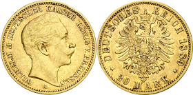 Alemania. Prusia. 1889. Guillermo II. A (Berlín). 20 marcos. (Fr. 3830) (KM. 516). AU. 7,93 g. MBC/MBC+.