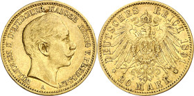 Alemania. Prusia. 1891. Guillermo II. A (Berlín). 20 marcos. (Fr. 3831) (KM. 521). AU. 7,95 g. MBC/MBC+.