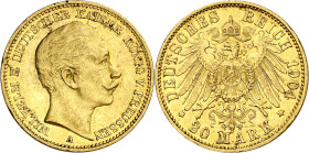 Alemania. Prusia. 1904. Guillermo II. A (Berlín). 20 marcos. (Fr. 3831) (KM. 28). Golpecitos. AU. 7,96 g. MBC/MBC+.