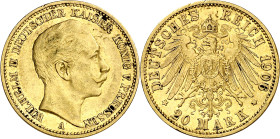 Alemania. Prusia. 1906. Guillermo II. A (Berlín). 20 marcos. (Fr. 3831) (KM. 521). AU. 7,95 g. MBC/MBC+.