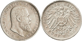 Alemania. Württemberg. 1903. Guillermo II. F (Freudenstadt). 5 marcos. (KM. 632). AG. 27,55 g. MBC-/MBC.