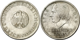 Alemania. 1929. A (Berlín). 5 marcos. (KM. 61). 200º Aniversario del nacimiento de Gotthold Ephraim Lessing, escritor. AG. 25 g. EBC-.