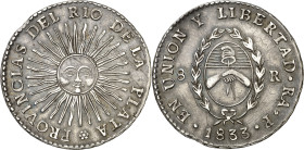 Argentina. Río de la Plata. 1833. 8 reales. (KM. 20). Golpecito en canto. Bella. AG. 27,93 g. EBC-.